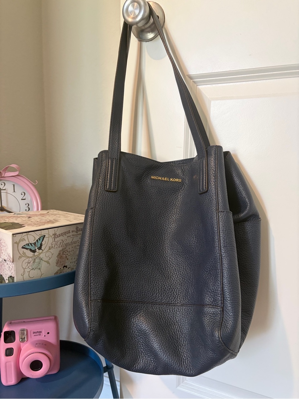 Michael Kors Ashbury Navy Pebbled Leather Shoulder Tote with Gold Logo